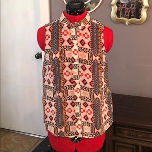 Tribal print, sleeveless, button down blouse